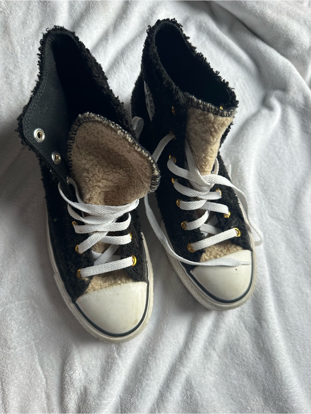 Converse Custom Black and Cream Sherpa High-Top Sneakers.
